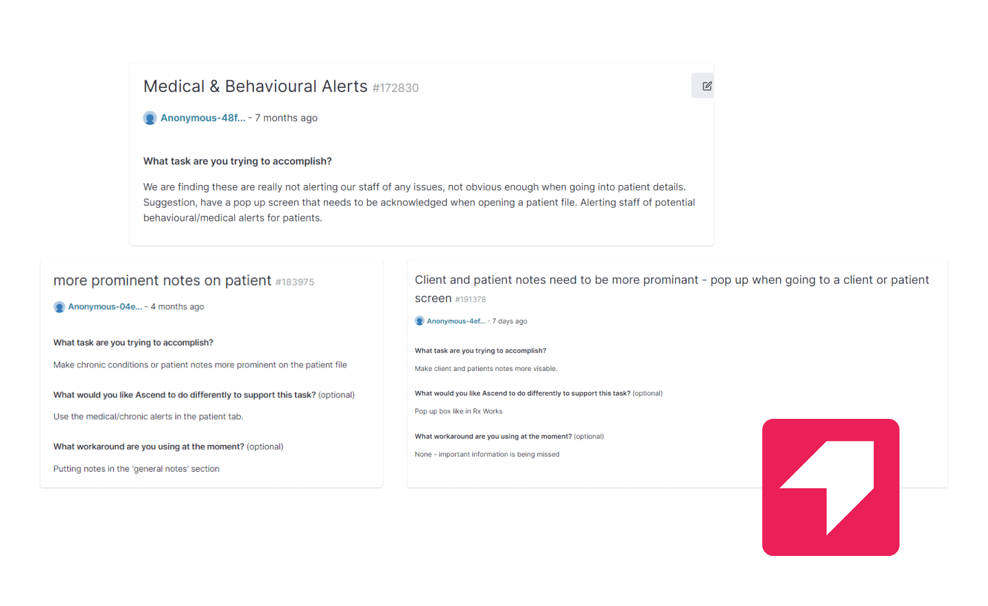 Collection of Pendo customer feedback about Behavioural and Medical Alerts